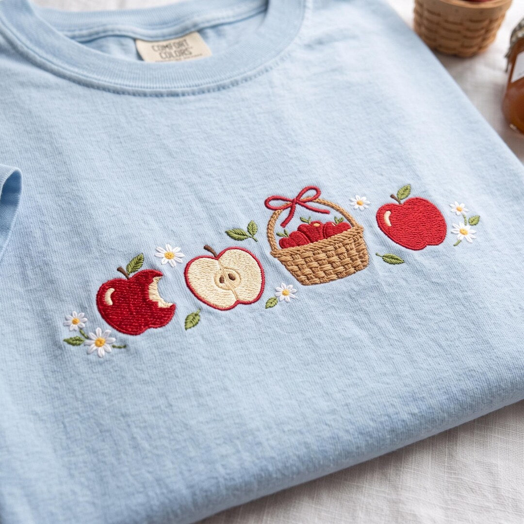 Apple Harvest Basket Cottagecore Daisy Flowers embroidered t-shirt — front view