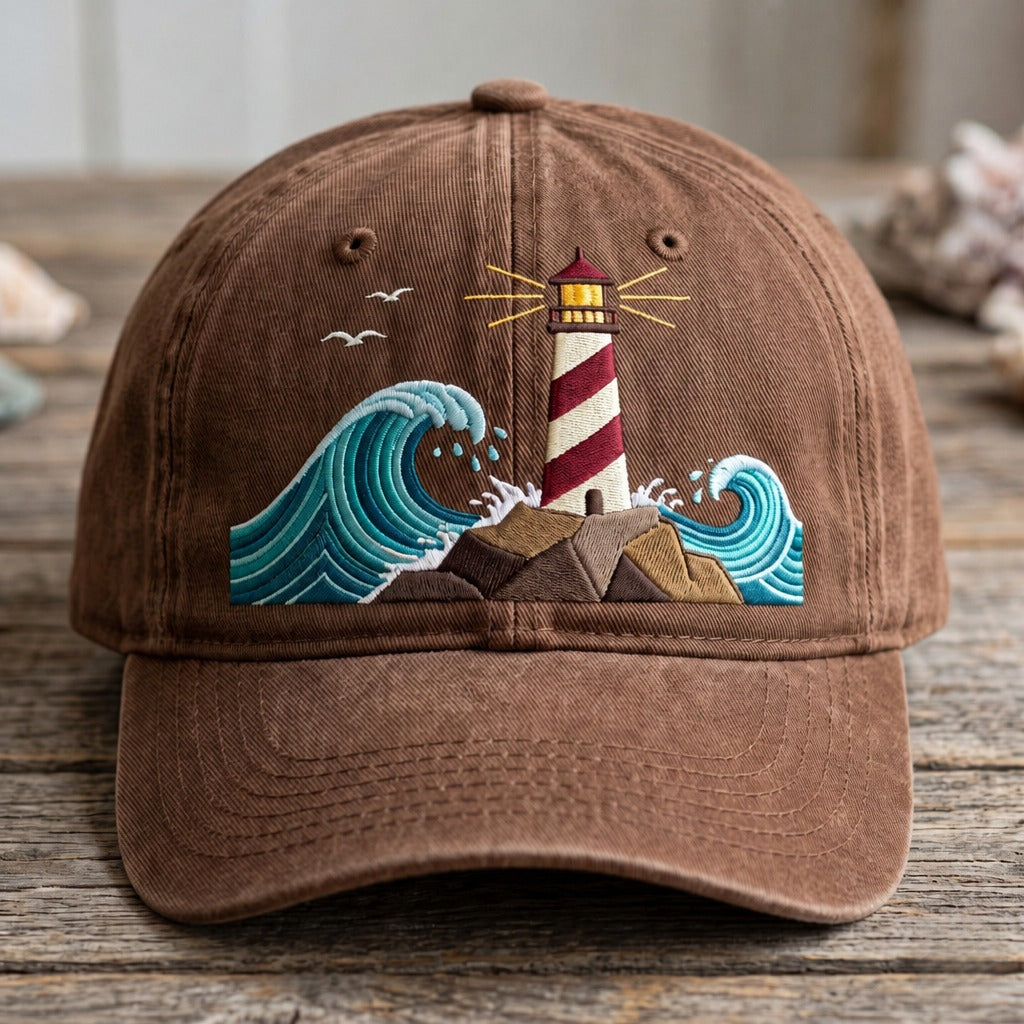 Personalized Lighthouse Ocean Waves Coastal Nautical Custom Name Embroidered Hat — Washed Hat