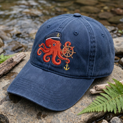 Personalized Captain Octopus Ship Wheel Anchor Nautical Embroidered Hat — Washed Hat