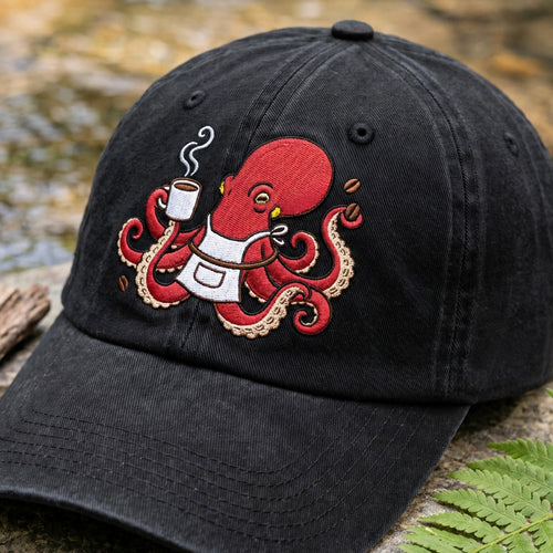 Personalized Barista Octopus Coffee Cup Apron Funny Embroidered Hat — Washed Hat
