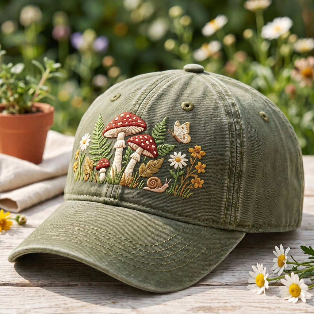 Personalized Mushroom Wildflower Snail Butterfly Cottagecore Embroidered Hat — Washed Hat