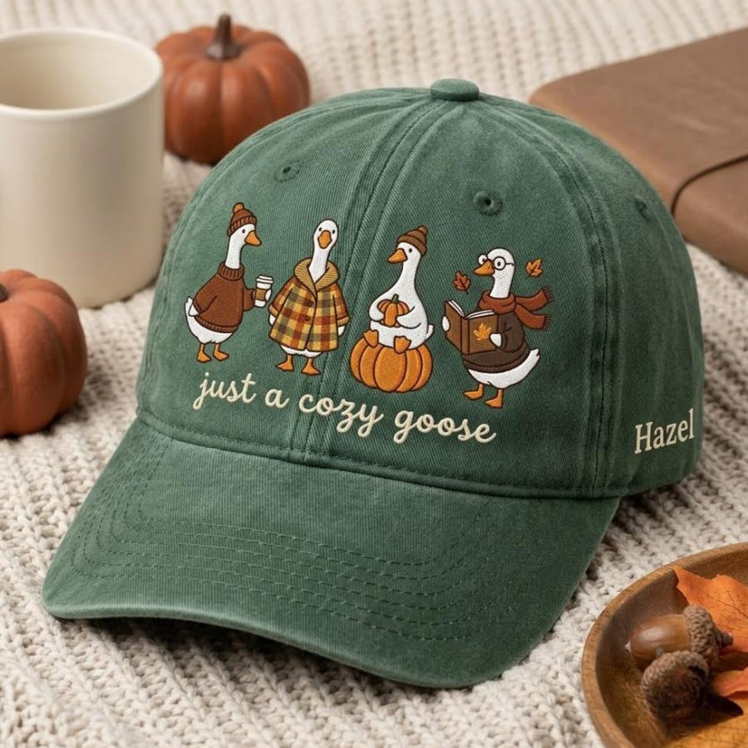 Personalized Just A Cozy Goose Fall Pumpkin Four Geese Autumn Embroidered Hat — Washed Hat