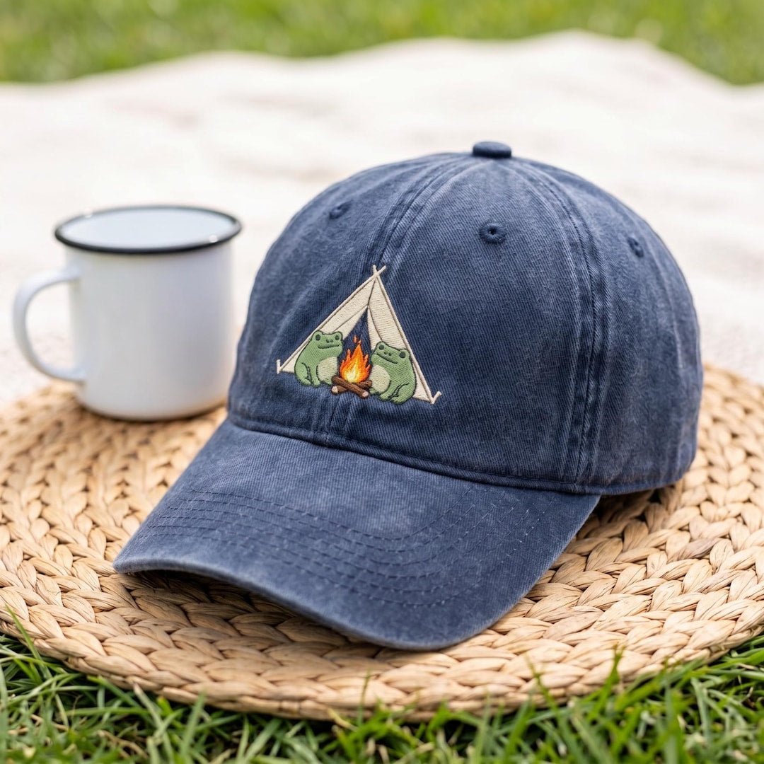 Camping Frogs Campfire Tent Cute Outdoor Embroidered Hat — Washed Hat