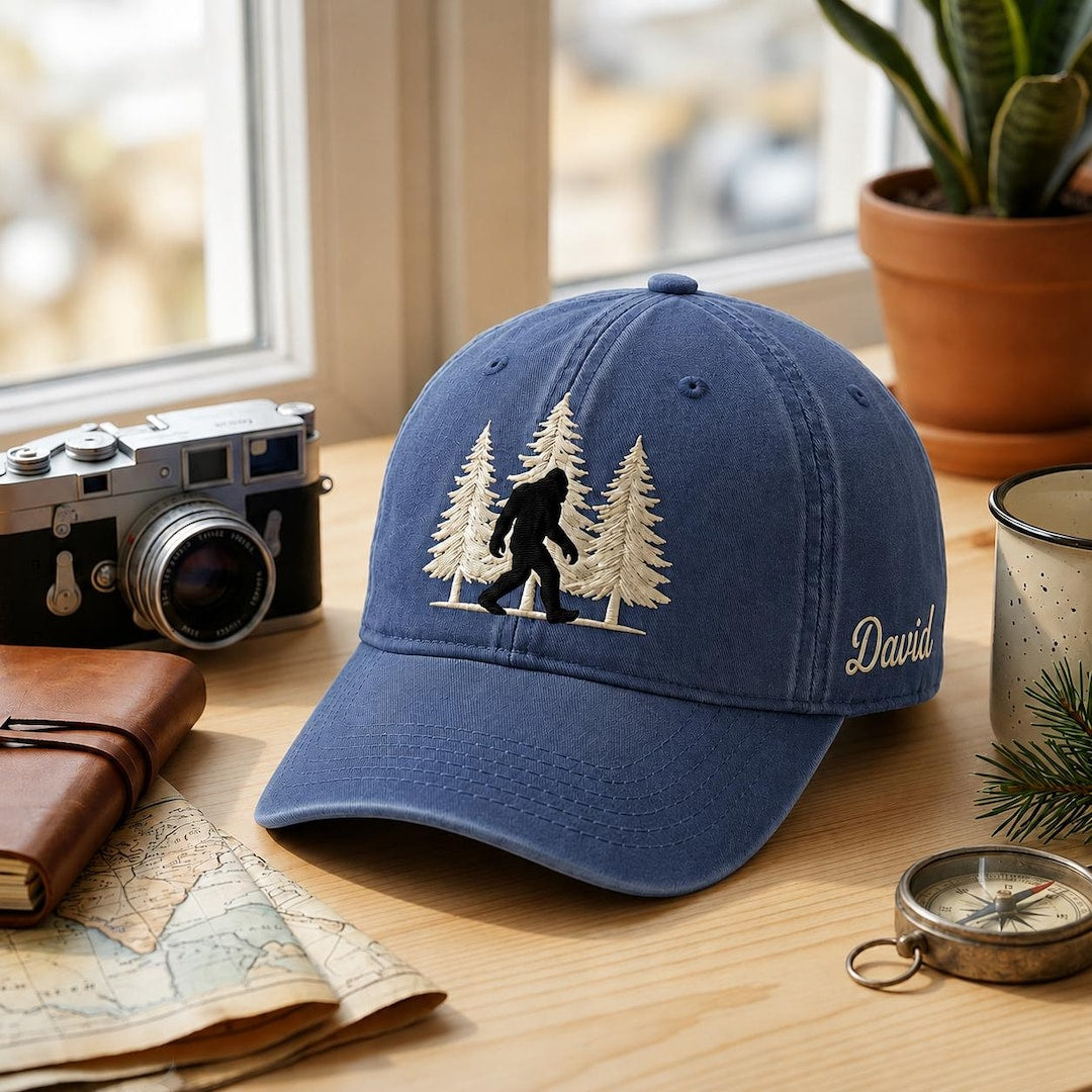 Personalized Bigfoot Sasquatch Pine Trees Forest Outdoor Embroidered Hat — Washed Hat