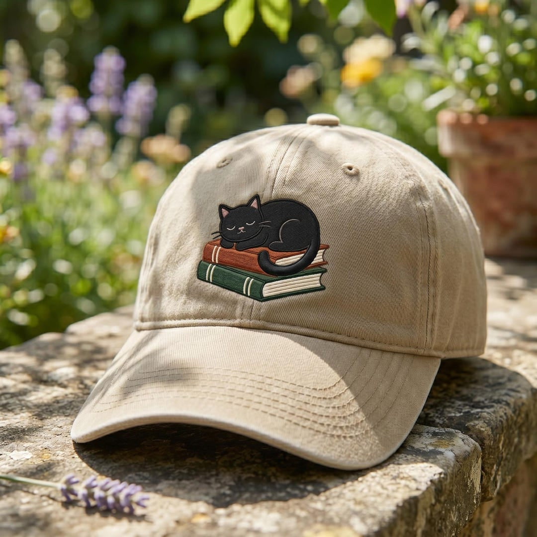 Sleeping Black Cat Stack of Books Bookworm Librarian Embroidered Hat — Washed Hat
