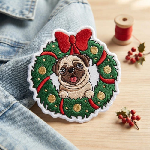 Christmas Wreath Pug Dog Iron On Embroidered Patch — Iron-on patch