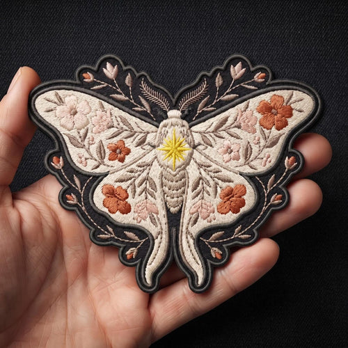 Floral Moth Botanical Wildflower Star Iron On Embroidered Patch — Iron-on patch