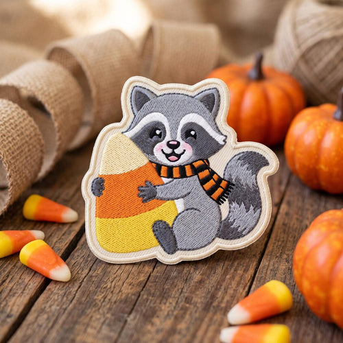 Halloween Raccoon Hugging Candy Corn Scarf Iron On Embroidered Patch — Iron-on patch