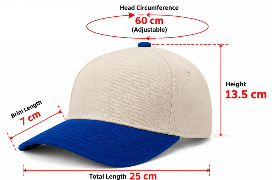 5-Panel Baseball Cap measurements from our embroidery workshop