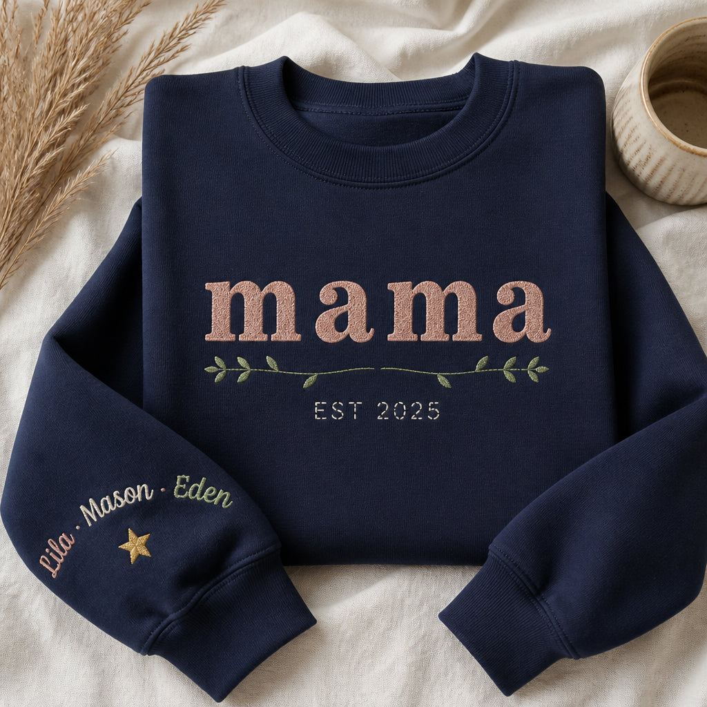 Personalized mama sweatshirt with kids' names embroidered on the sleeve, a Christmas gift for mom