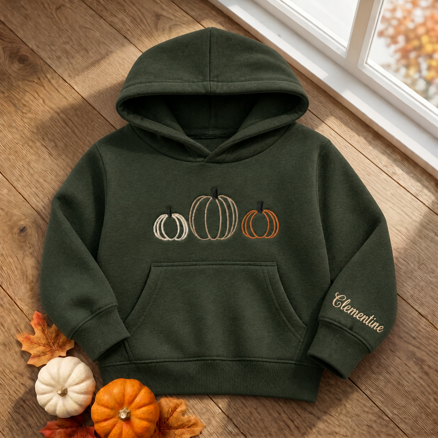 Embroidered youth hoodie with a fall pumpkin trio design