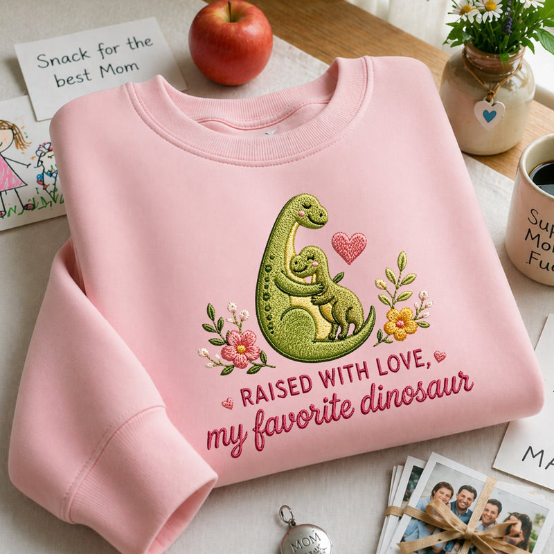 Mom Dinosaur Hugging Baby Dino Raised with Love Embroidered Sweatshirt – Kids & Baby