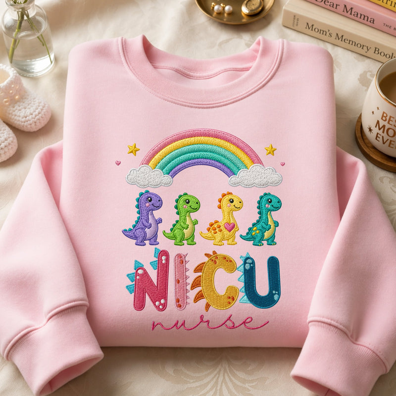 NICU Nurse Dinosaurs Rainbow Letters Embroidered Sweatshirt