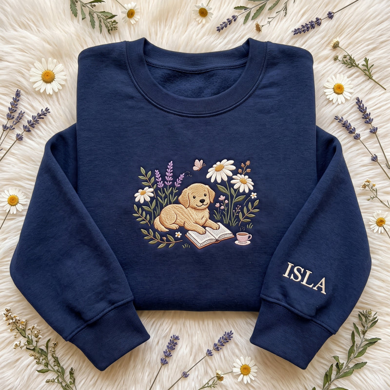 Personalized Golden Retriever Reading Book Embroidered Sweatshirt – Pet Lover Gifts