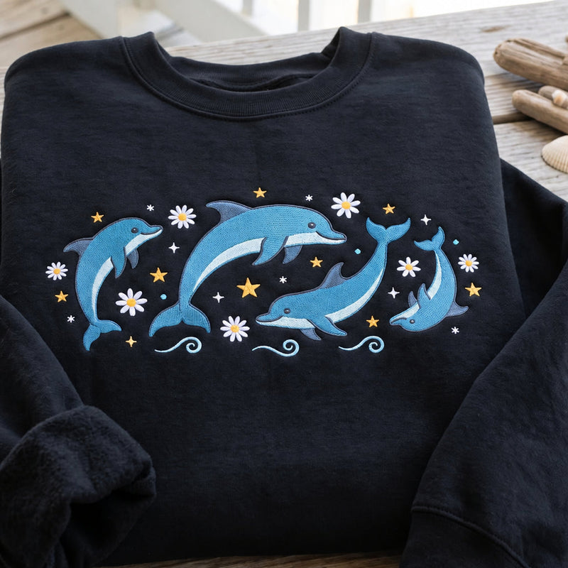 Personalized Dolphin Ocean Daisy Floral Embroidered Sweatshirt – Beach & Ocean