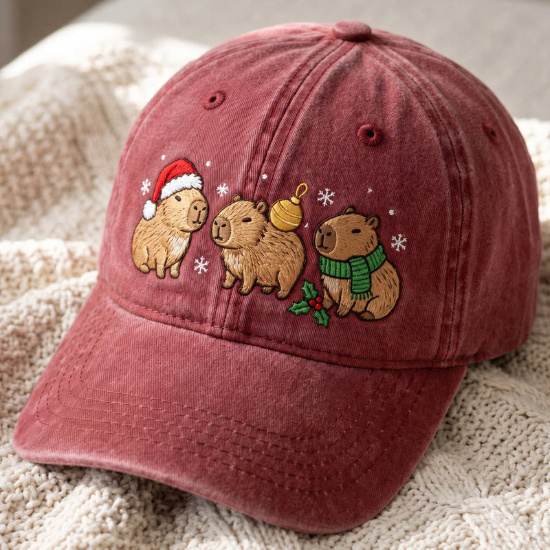 Christmas Capybara Trio Santa Hat Holly Snowflakes Embroidered Hat – Winter & Snowmen