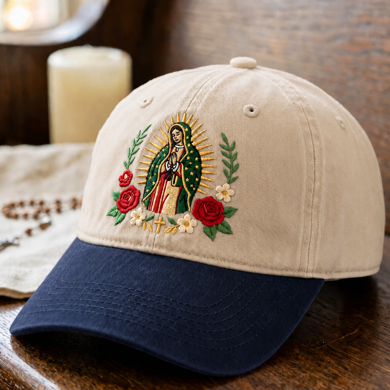 Our Lady of Guadalupe Roses Cross Embroidered Two-Tone Cap