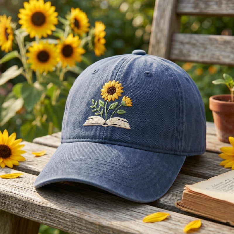 Sunflower Growing From Open Book Embroidered Hat – Book Lover Gifts
