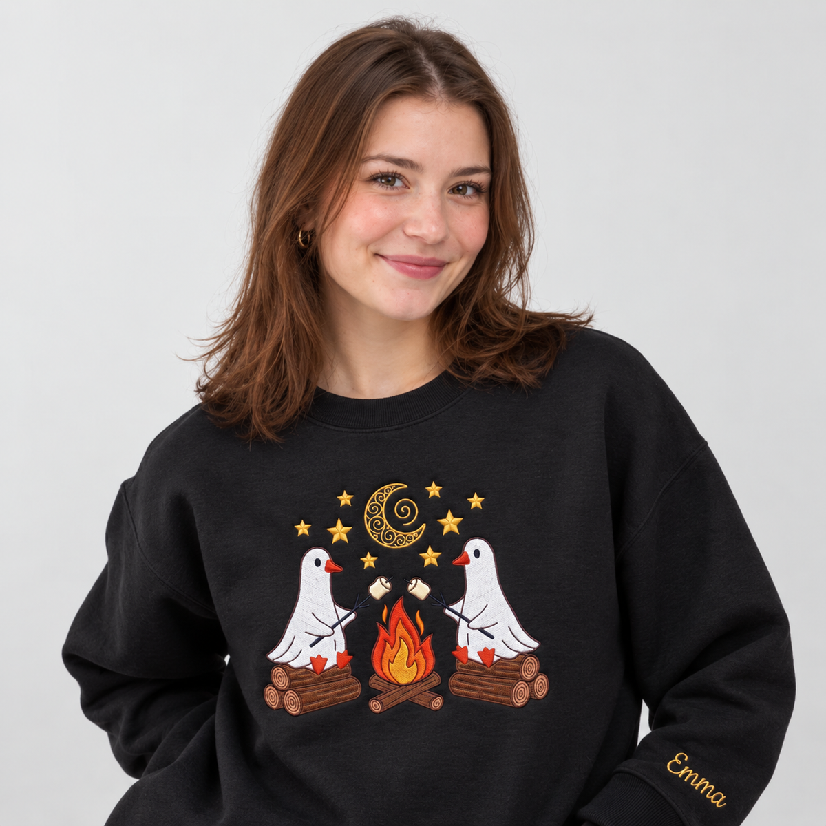 Personalized Halloween Ghost Goose Campfire embroidered sweatshirt — front view