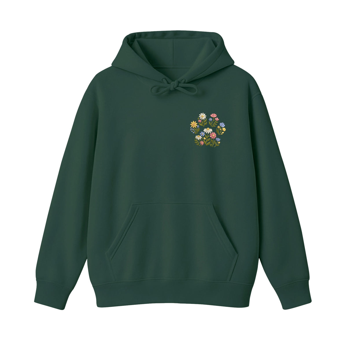 Custom Pet Name Floral Paw embroidered hoodie in Forest Green — chest embroidery