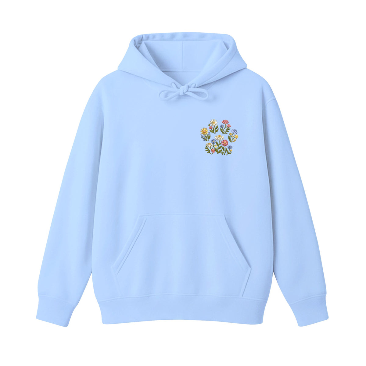 Custom Pet Name Floral Paw embroidered hoodie in Light Blue — chest embroidery