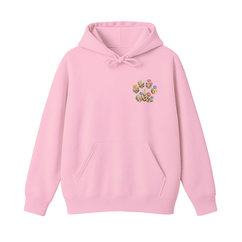 Custom Pet Name Floral Paw embroidered hoodie in Light Pink — chest embroidery
