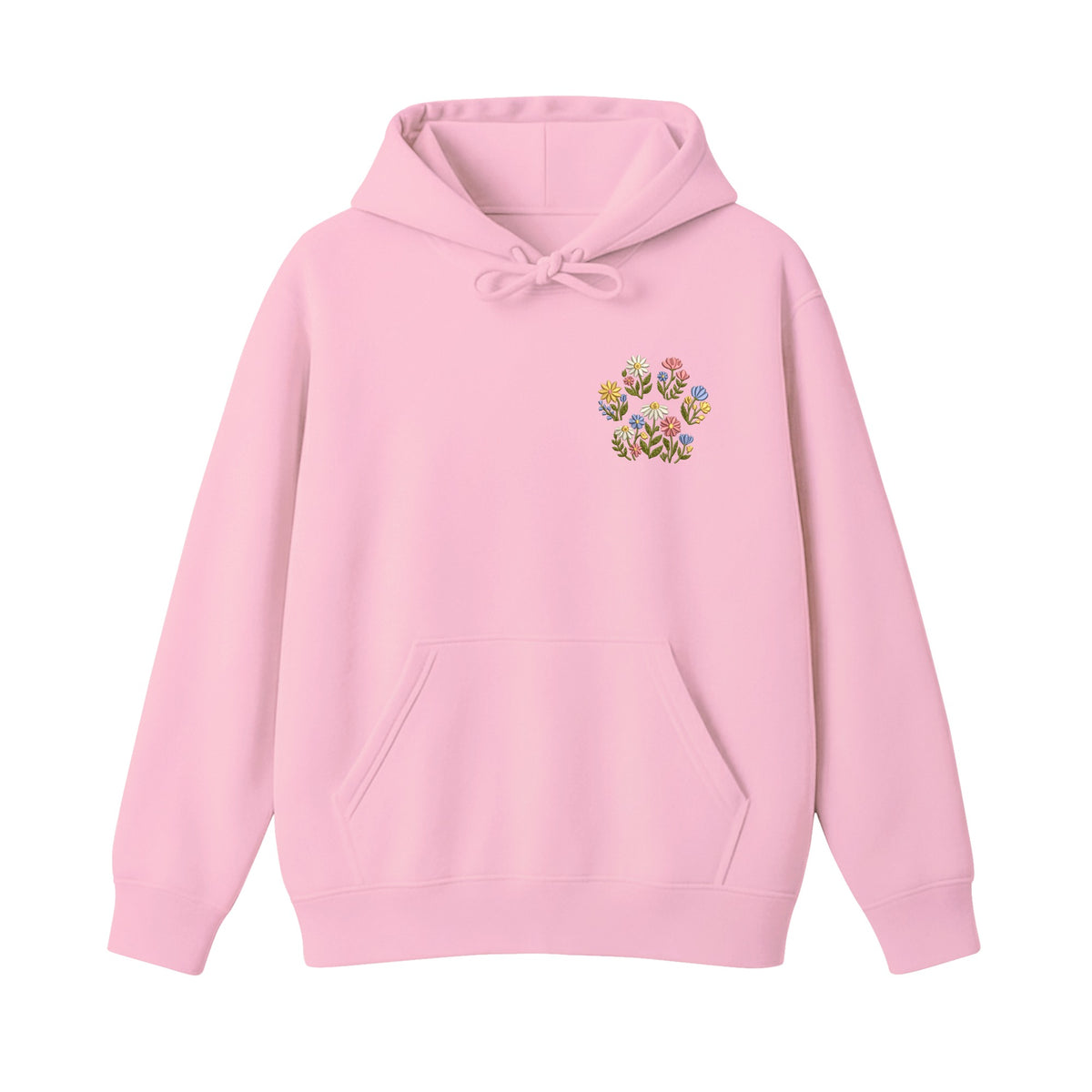 Custom Pet Name Floral Paw embroidered hoodie in Light Pink — chest embroidery