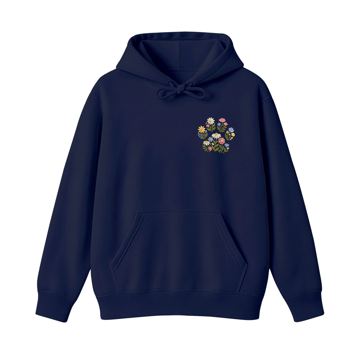 Custom Pet Name Floral Paw embroidered hoodie in Navy — chest embroidery