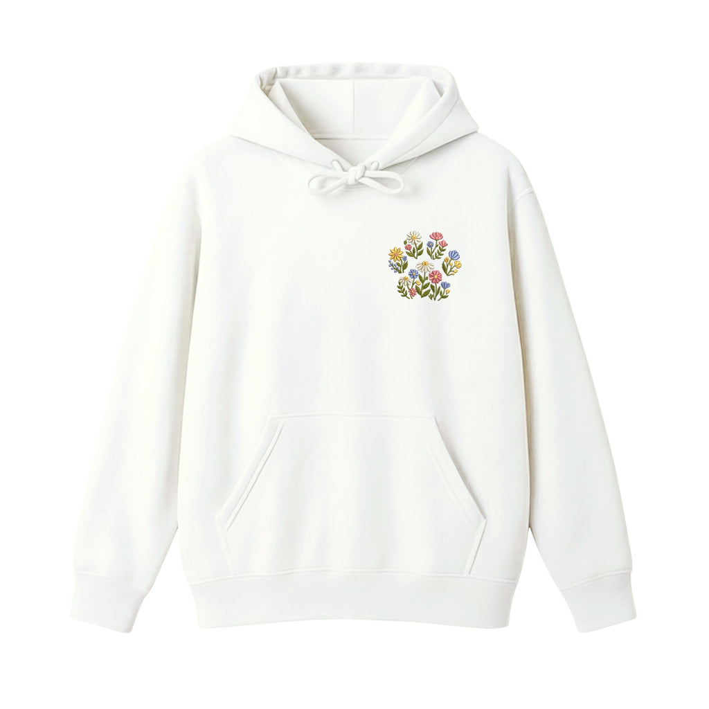 Custom Pet Name Floral Paw embroidered hoodie in White — chest embroidery