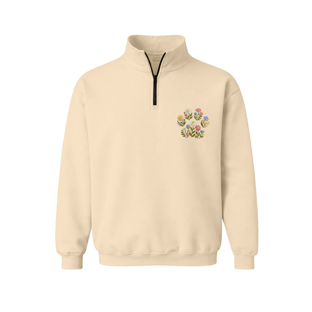 Custom Pet Name Floral Paw embroidered quarter-zip in Beige — chest embroidery