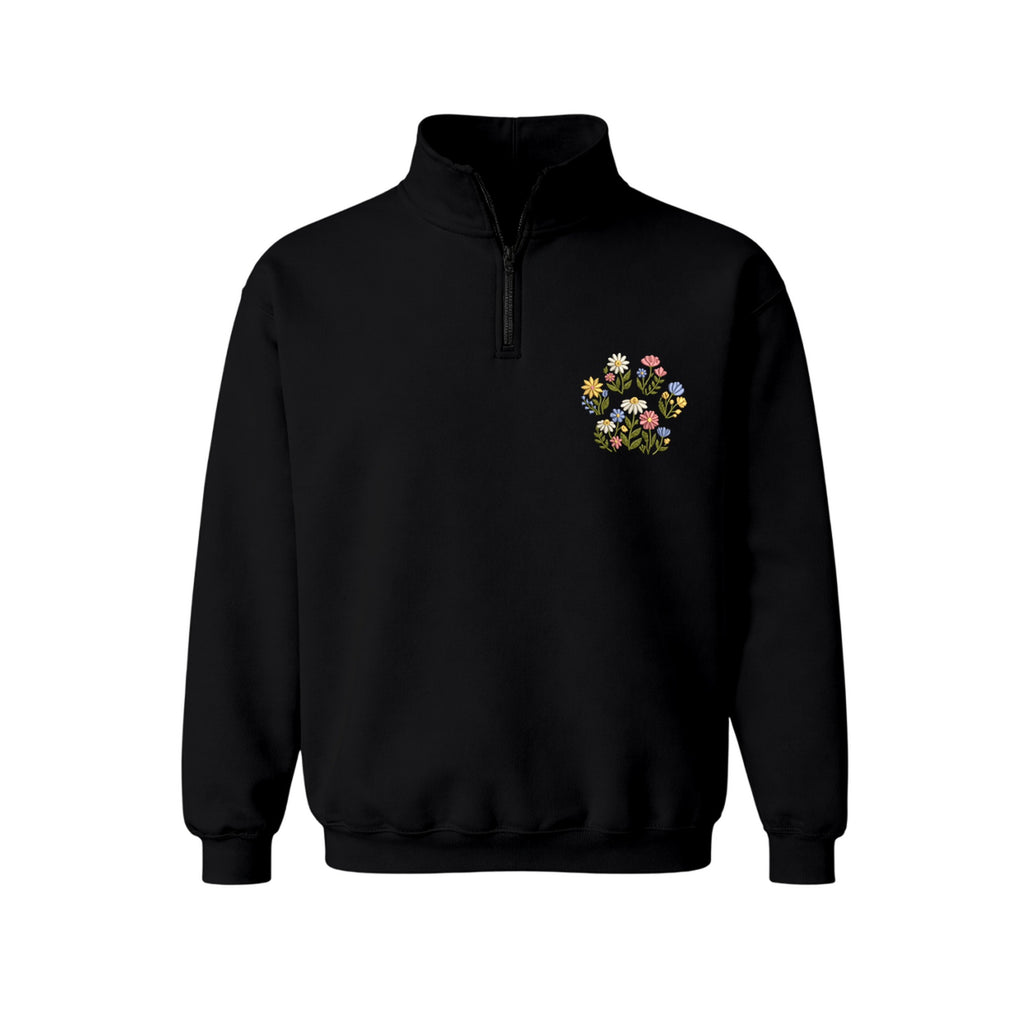 Custom Pet Name Floral Paw embroidered quarter-zip in Black — front view