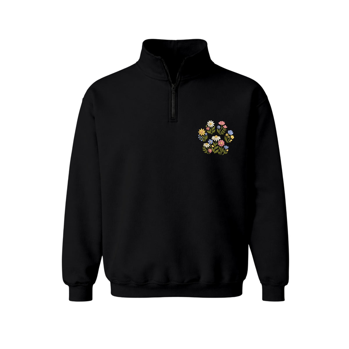 Custom Pet Name Floral Paw embroidered quarter-zip in Black — front view