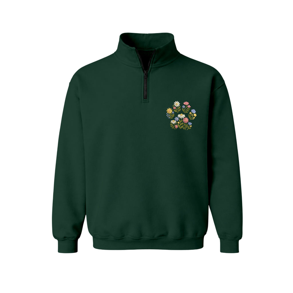 Custom Pet Name Floral Paw embroidered quarter-zip in Forest Green — chest embroidery