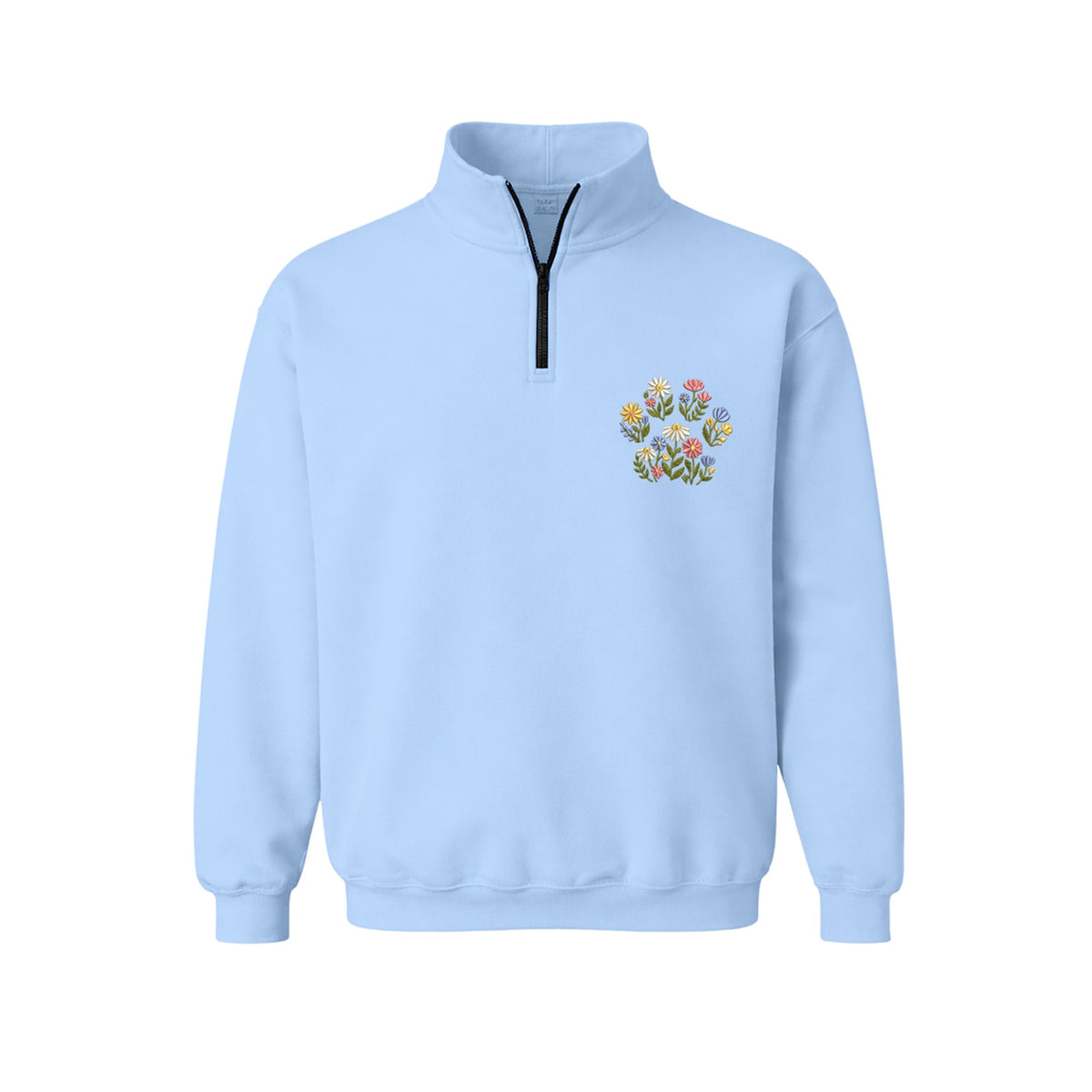 Custom Pet Name Floral Paw embroidered quarter-zip in Light Blue — chest embroidery