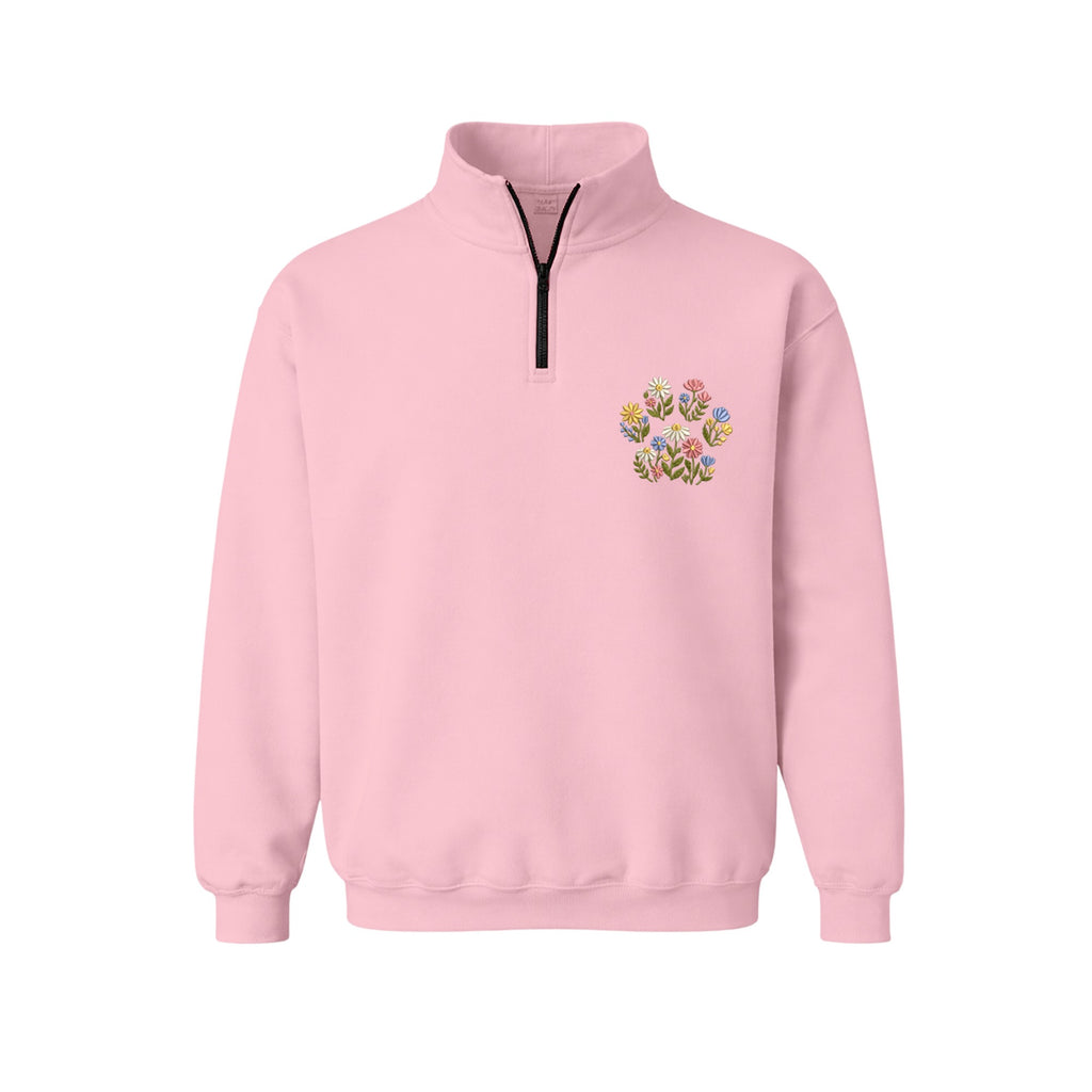 Custom Pet Name Floral Paw embroidered quarter-zip in Light Pink — chest embroidery