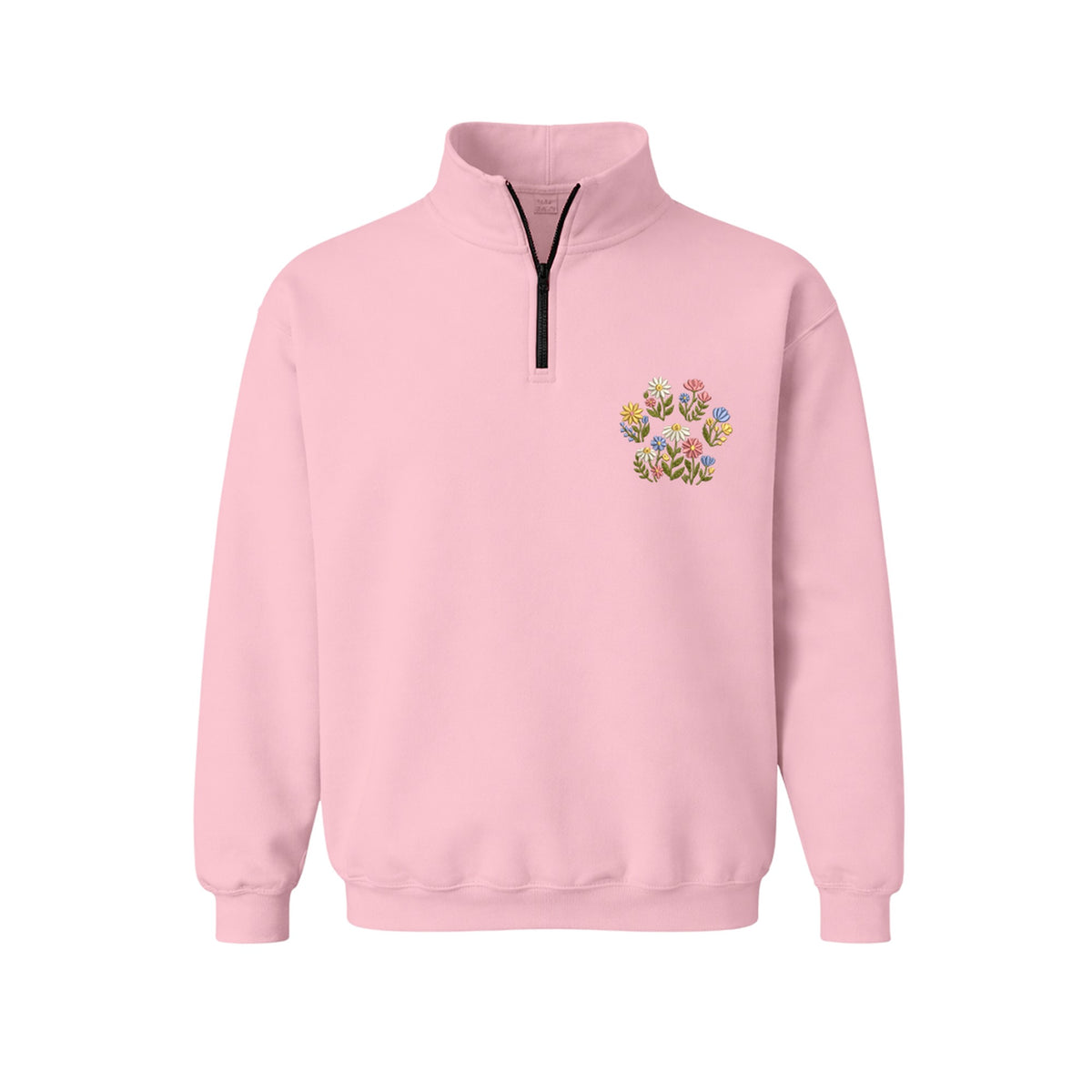 Custom Pet Name Floral Paw embroidered quarter-zip in Light Pink — chest embroidery
