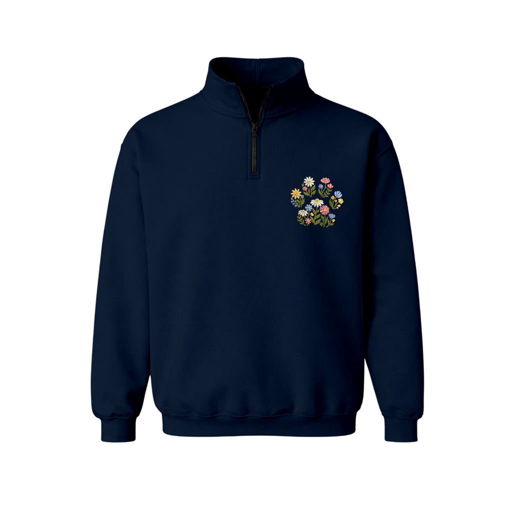 Custom Pet Name Floral Paw embroidered quarter-zip in Navy — chest embroidery