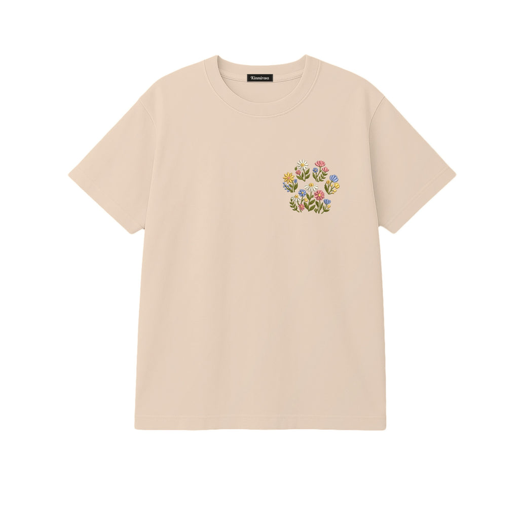 Custom Pet Name Floral Paw embroidered t-shirt in Beige — chest embroidery