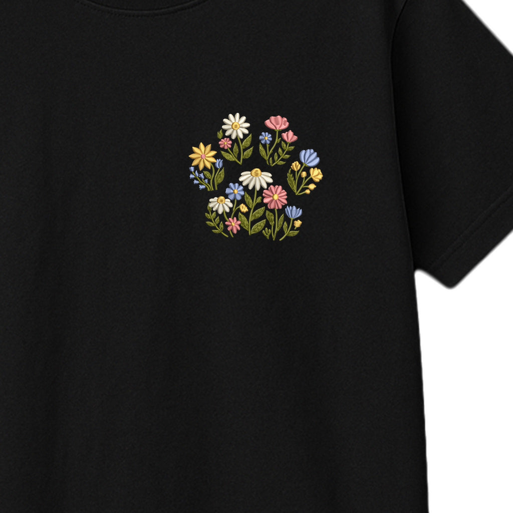 Custom Pet Name Floral Paw embroidered t-shirt — chest embroidery