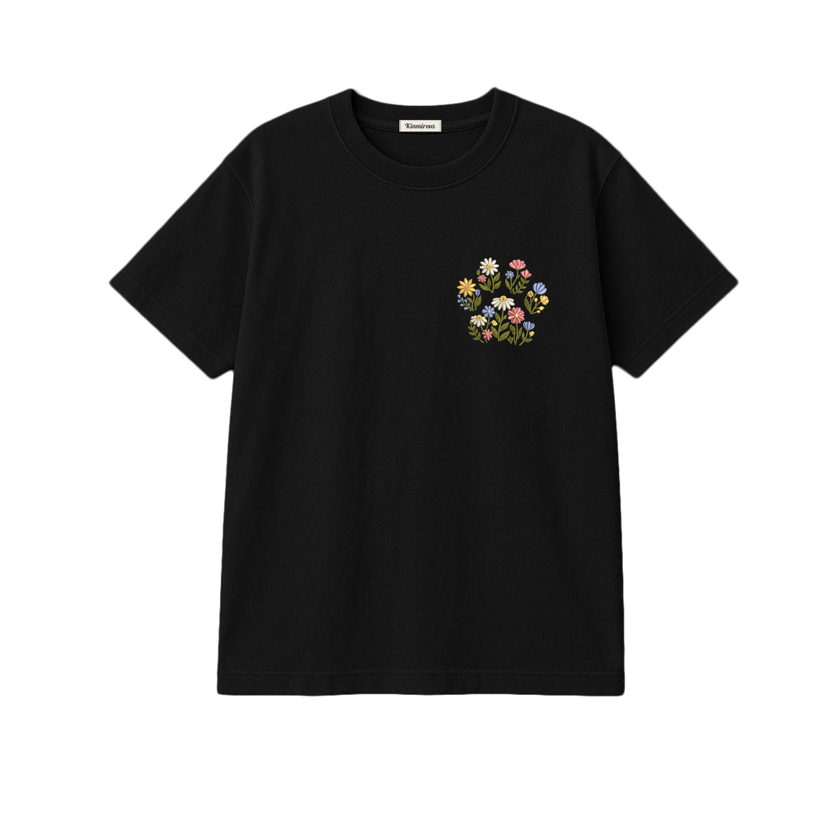 Custom Pet Name Floral Paw embroidered t-shirt in Black — front view
