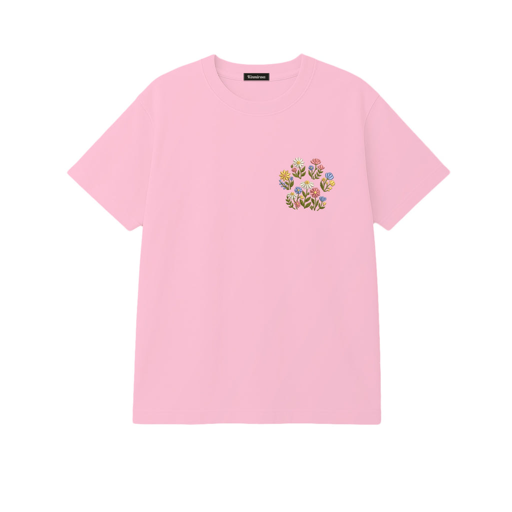Custom Pet Name Floral Paw embroidered t-shirt in Light Pink — chest embroidery