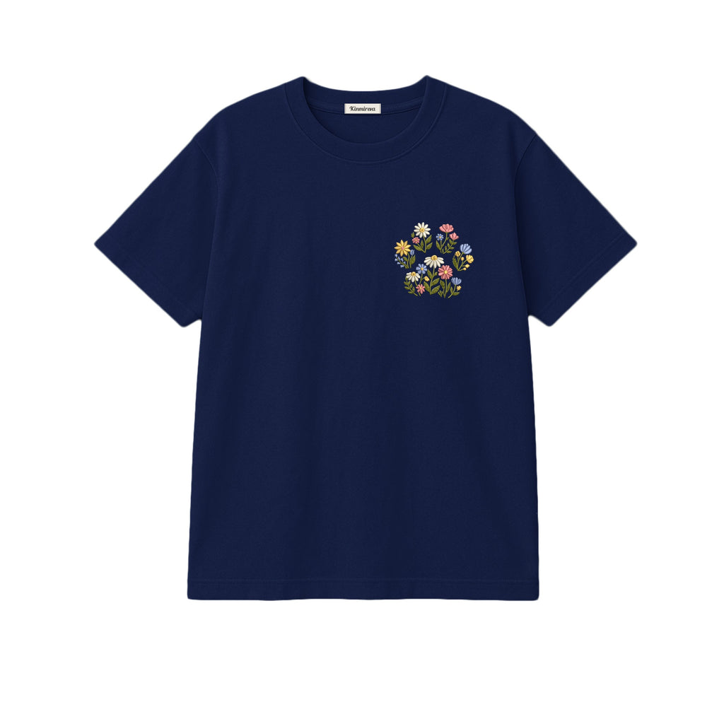 Custom Pet Name Floral Paw embroidered t-shirt in Navy — chest embroidery