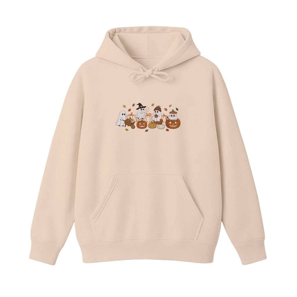 Ghost Pumpkin Patch Cute Halloween embroidered hoodie in Beige — chest embroidery
