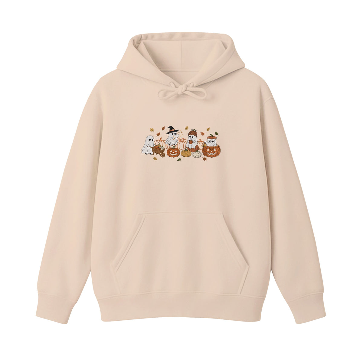 Ghost Pumpkin Patch Cute Halloween embroidered hoodie in Beige — chest embroidery