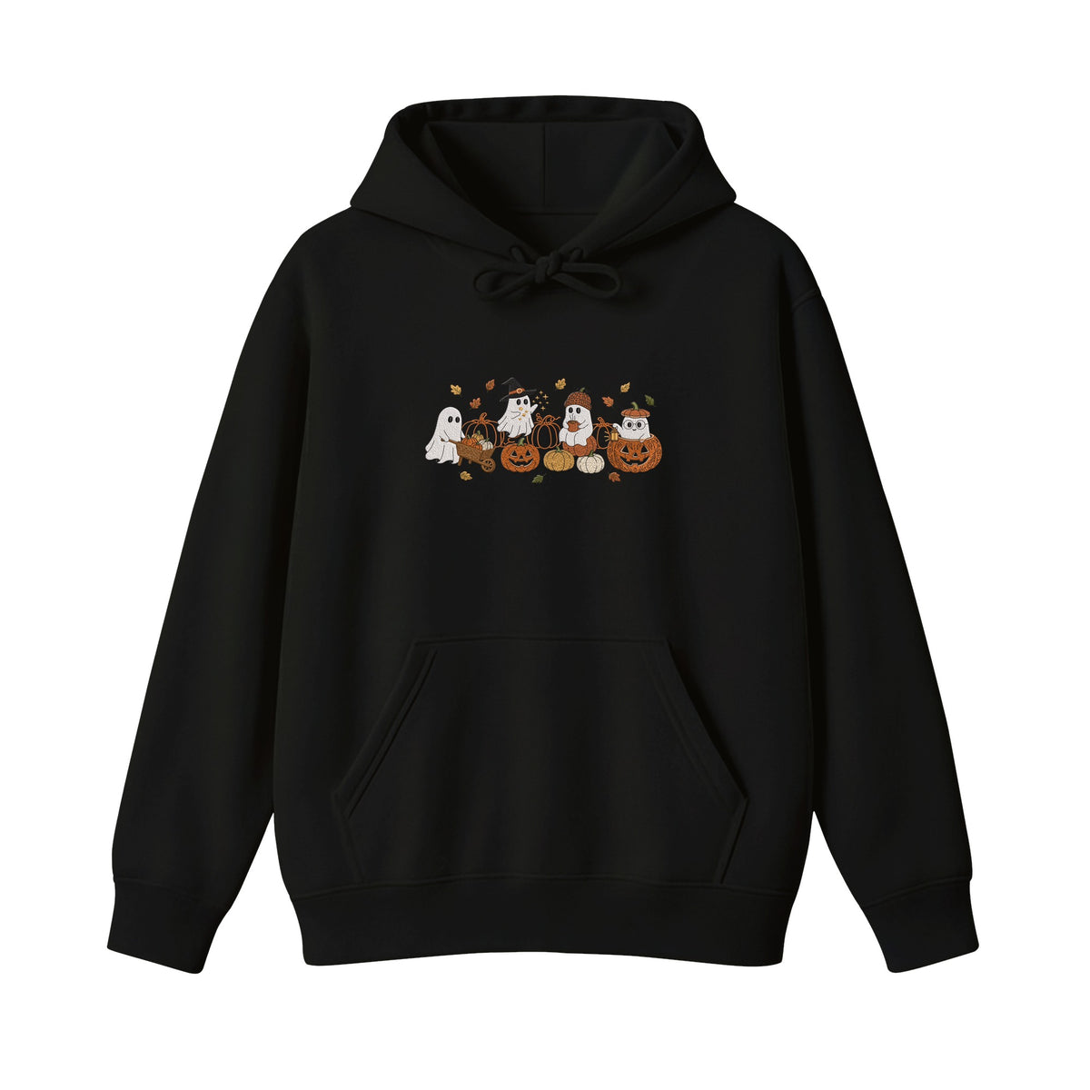 Ghost Pumpkin Patch Cute Halloween embroidered hoodie in Black — front view