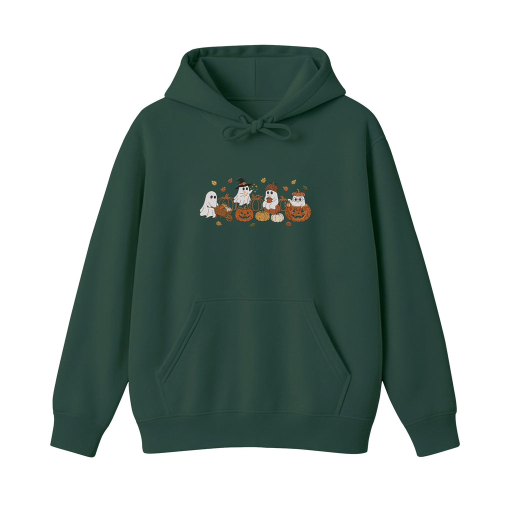Ghost Pumpkin Patch Cute Halloween embroidered hoodie in Forest Green — chest embroidery