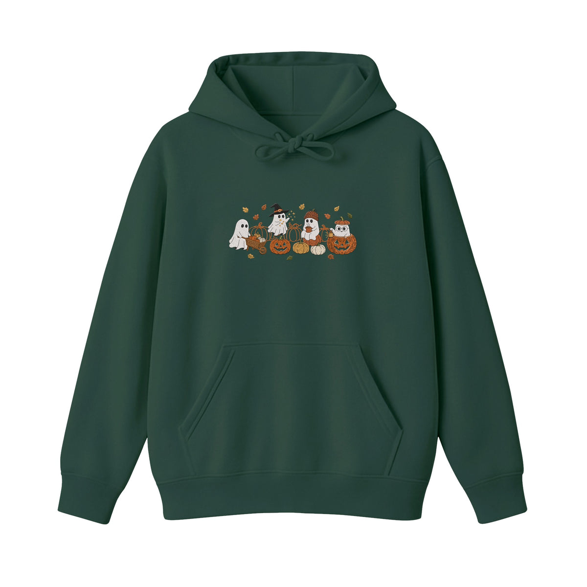 Ghost Pumpkin Patch Cute Halloween embroidered hoodie in Forest Green — chest embroidery