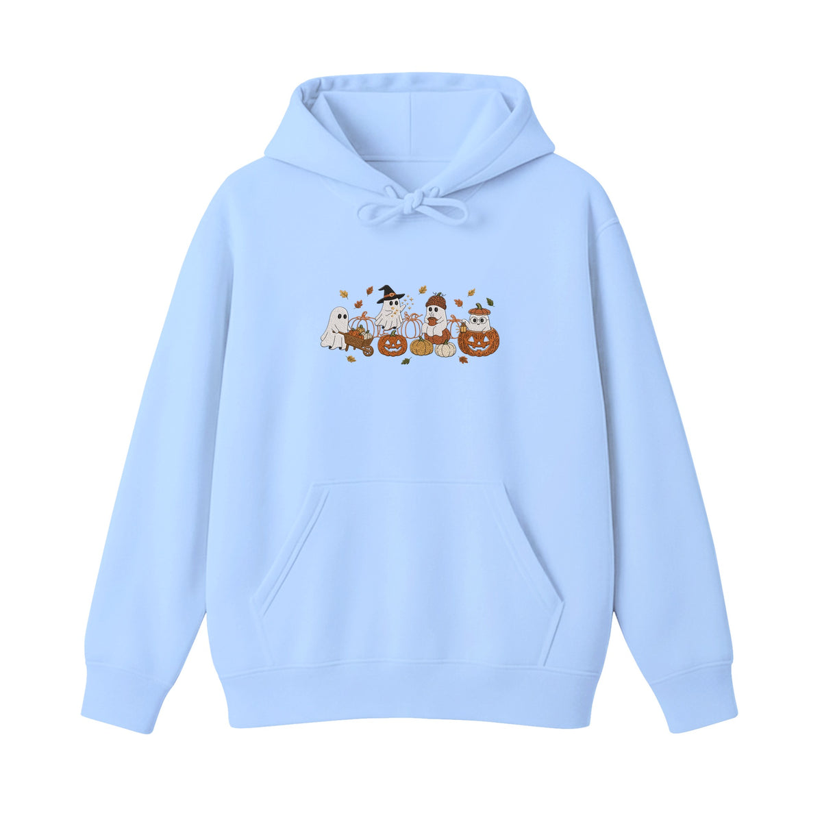 Ghost Pumpkin Patch Cute Halloween embroidered hoodie in Light Blue — chest embroidery