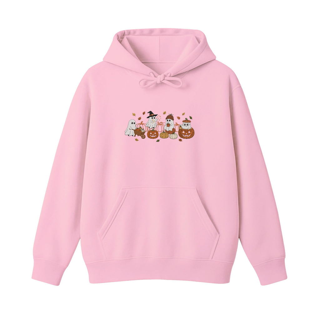 Ghost Pumpkin Patch Cute Halloween embroidered hoodie in Light Pink — chest embroidery