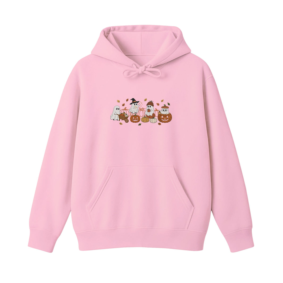 Ghost Pumpkin Patch Cute Halloween embroidered hoodie in Light Pink — chest embroidery